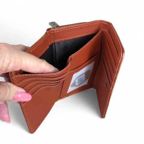Cotton Road Wallet: Small TAN BROWN Tri-fold PU Leather Wallet with PROTEA Print