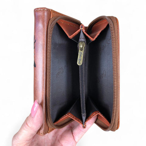 Cotton Road Wallet: Small TAN BROWN Tri-fold PU Leather Wallet with PROTEA Print