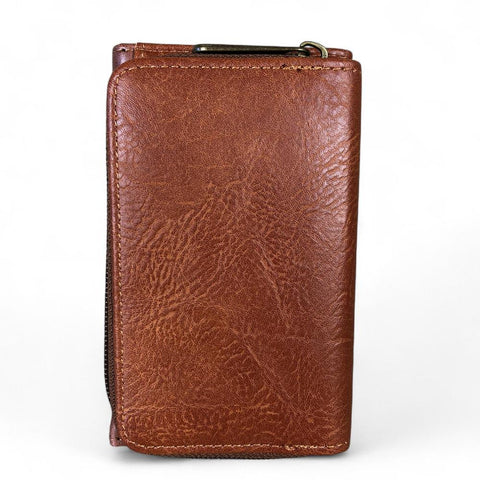 Cotton Road Wallet: Small TAN BROWN Tri-fold PU Leather Wallet with PROTEA Print