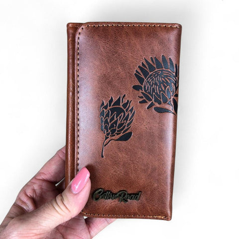 Cotton Road Wallet: Small TAN BROWN Tri-fold PU Leather Wallet with PROTEA Print