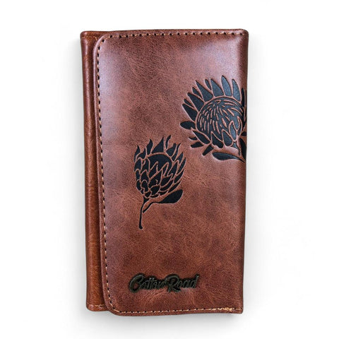 Cotton Road Wallet: Small TAN BROWN Tri-fold PU Leather Wallet with PROTEA Print