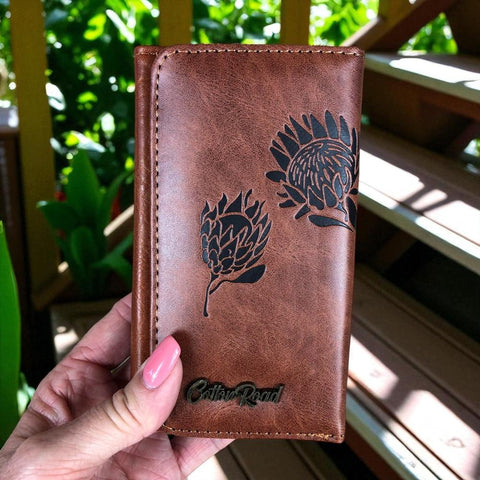 Cotton Road Wallet: Small TAN BROWN Tri-fold PU Leather Wallet with PROTEA Print