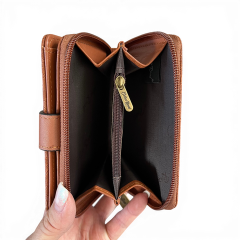 Cotton Road Wallet: Small TAN Patterned PU Leather with CLIP
