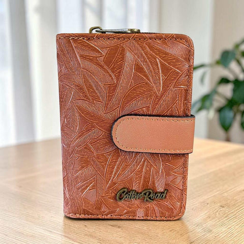 Cotton Road Wallet: Small TAN Patterned PU Leather with CLIP