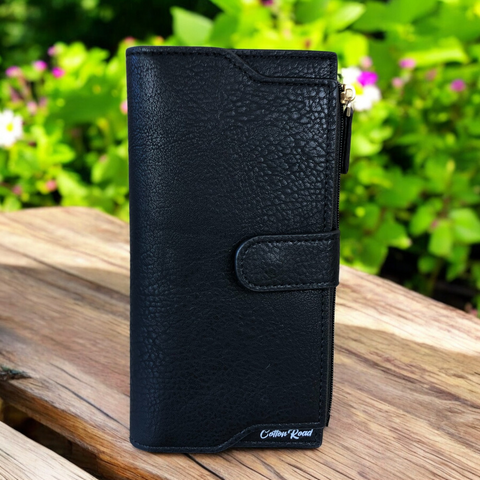 Cotton Road Wallet: Stylish Large BLACK PU Leather with CLIP