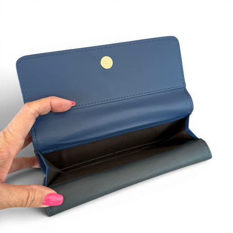 Cotton Road Handbag: BLUE PU LEATHER with FLORAL Panel and Matching Wallet