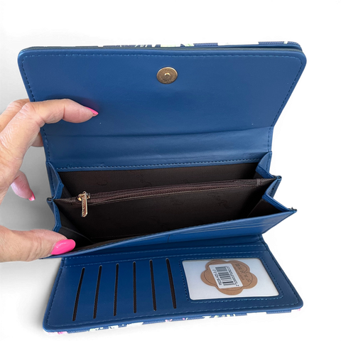 Cotton Road Handbag: BLUE PU LEATHER with FLORAL Panel and Matching Wallet