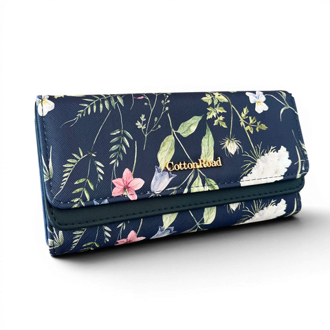Cotton Road Handbag: BLUE PU LEATHER with FLORAL Panel and Matching Wallet