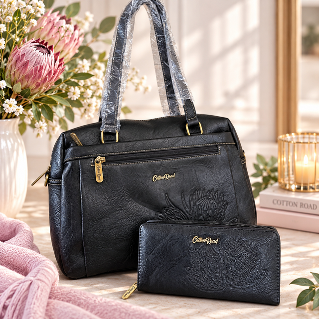 Cotton Road Handbag: BLACK Protea Design PU Leather with Matching Wallet