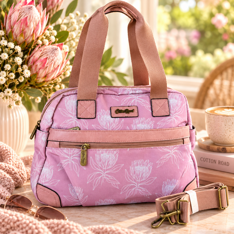 Cotton Road Handbag - Pink Canvas with Protea Print | Stylish & Functional
