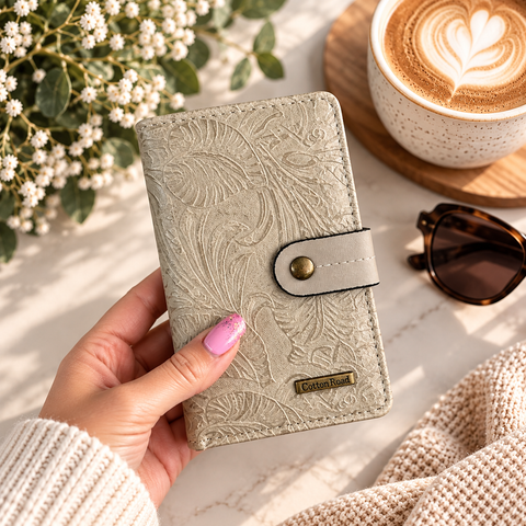 Cotton Road Wallet: Medium Khaki Embossed PU Leather with Clip