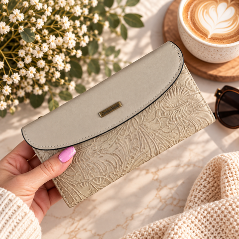Cotton Road Wallet: Large Khaki Embossed PU Leather Wallet with CLIP