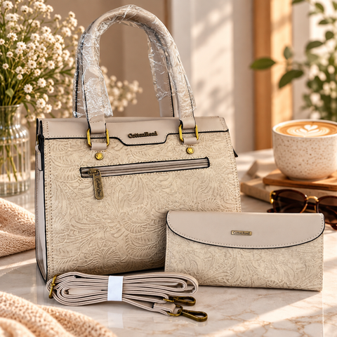 Cotton Road Handbag: KHAKI PU Leather with EMBOSSED Panel and Matching Wallet