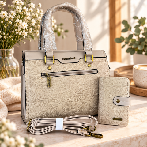Cotton Road Handbag: KHAKI EMBOSSED PU Leather with Matching Wallet