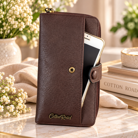Cotton Road Wallet: Large BROWN PU Leather with Clip detailing