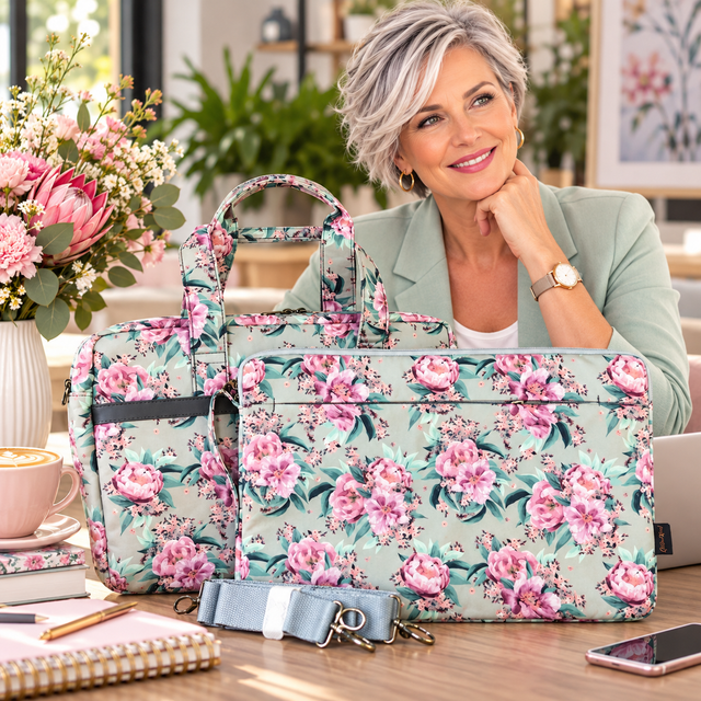 Cotton Road Laptop Bag: MINT GREEN Canvas FLORAL 15'6"Bag with Matching Sleeve COMBO