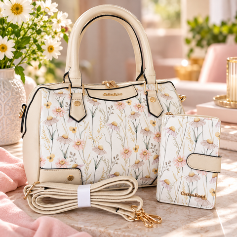 Cotton Road Handbag: IVORY PU Leather Barrel Bag with FLORAL Panel and Matching Wallet