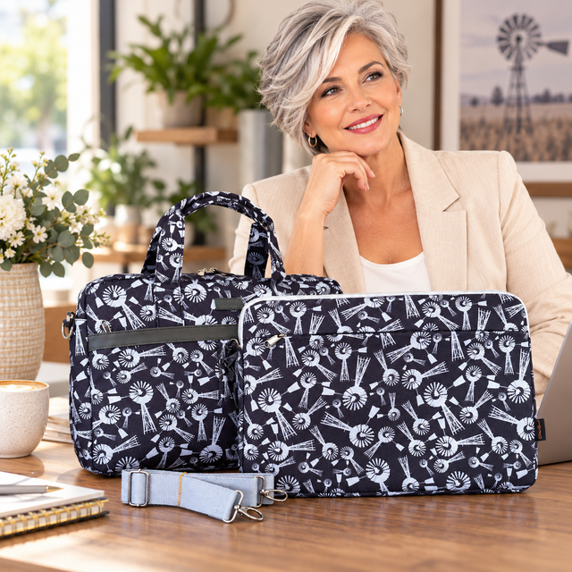 Cotton Road Laptop Bag: GREY WINDMILL Canvas Laptop Bag with GREY Trim and Matching Sleeve COMBO