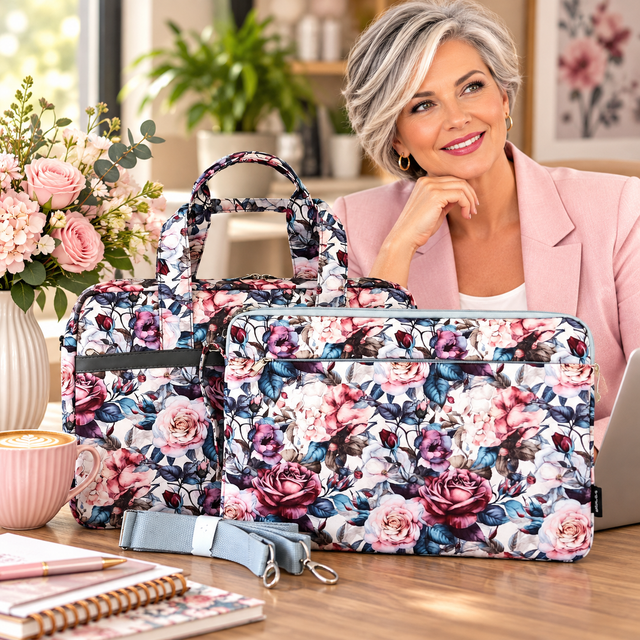 Cotton Road Laptop: PINK Canvas FLORAL15'6" Bag with Matching Sleeve COMBO