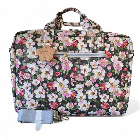 GREEN Canvas FLORAL Cotton Road Laptop Bag with GREY Trim and Matching Sleeve COMBO