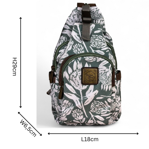 GREEN Cotton Road CANVAS Cross Body Bag / Mini Backpack with PROTEAS