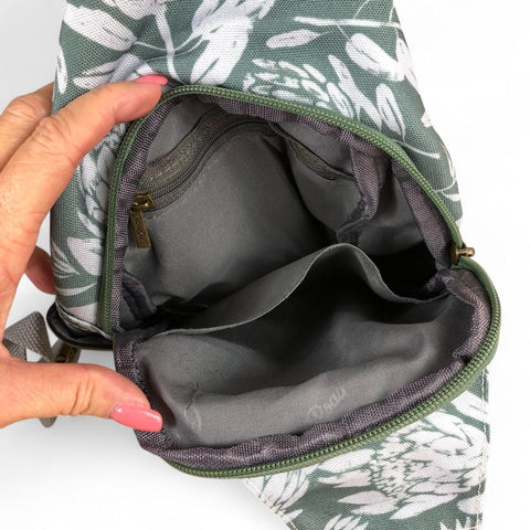 GREEN Cotton Road CANVAS Cross Body Bag / Mini Backpack with PROTEAS