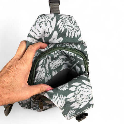 GREEN Cotton Road CANVAS Cross Body Bag / Mini Backpack with PROTEAS