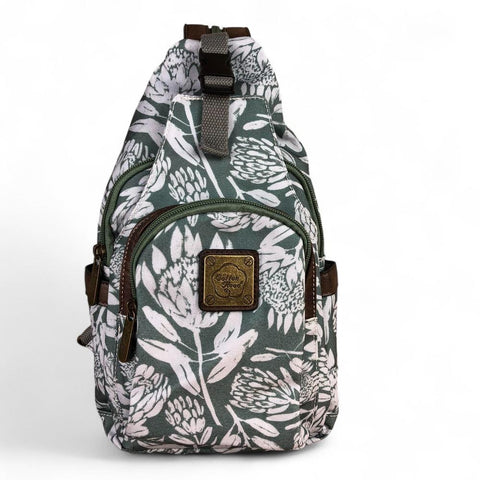 GREEN Cotton Road CANVAS Cross Body Bag / Mini Backpack with PROTEAS