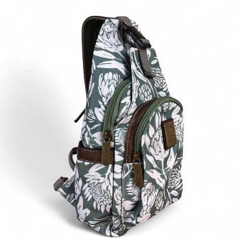 GREEN Cotton Road CANVAS Cross Body Bag / Mini Backpack with PROTEAS