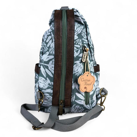 GREEN Cotton Road CANVAS Cross Body Bag / Mini Backpack with PROTEAS
