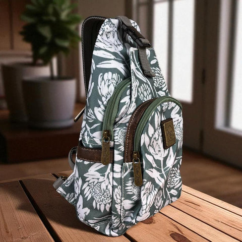 GREEN Cotton Road CANVAS Cross Body Bag / Mini Backpack with PROTEAS