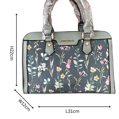 GREEN Cotton Road PU Leather Handbag with FLORAL Panel