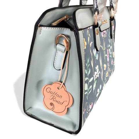 GREEN Cotton Road PU Leather Handbag with FLORAL Panel