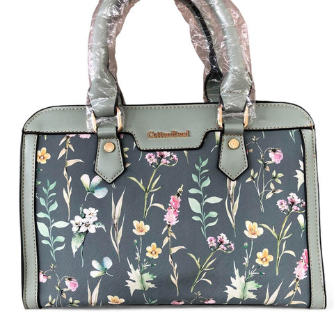 GREEN Cotton Road PU Leather Handbag with FLORAL Panel