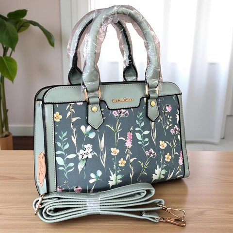 GREEN Cotton Road PU Leather Handbag with FLORAL Panel