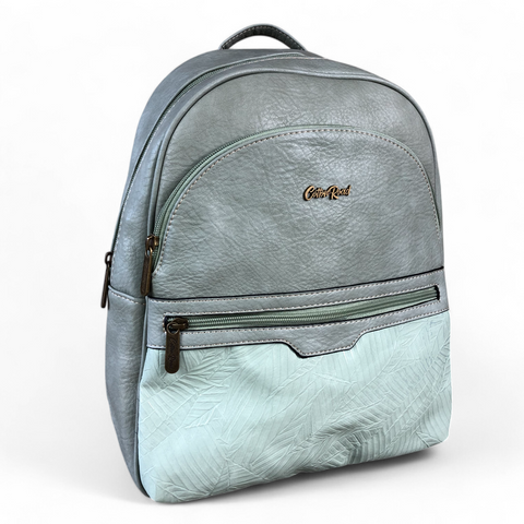 GREEN PU Leather Backpack with Patterned Panel