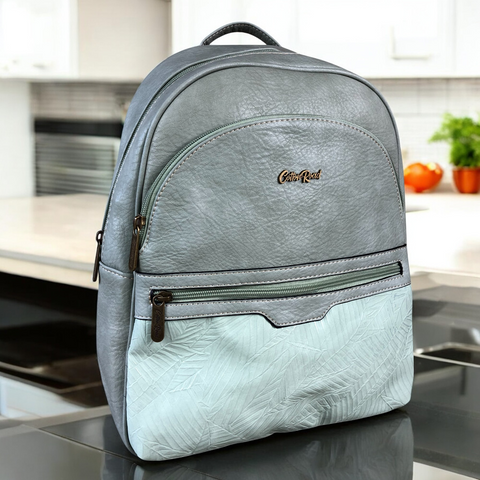 GREEN PU Leather Backpack with Patterned Panel