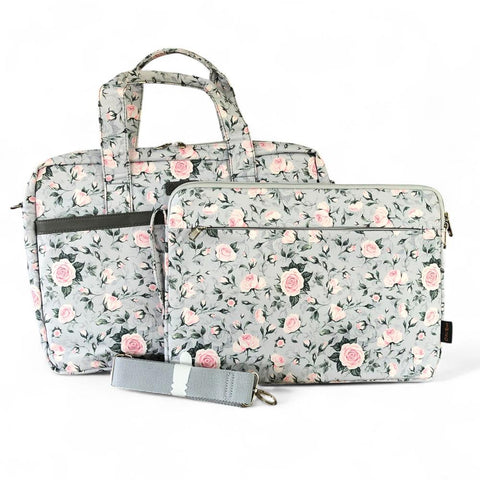 GREY Canvas FLORAL Cotton Road Laptop Bag with GREY Trim and Matching Sleeve COMBO