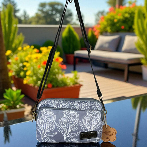 GREY Cotton Road Canvas Mini Sling Bag with PROTEAS