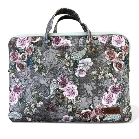 GREY Cotton Road PVC Laptop Bag / Carry Sleeve with Padded Inner and PAISLEY/PINK FLOWERS