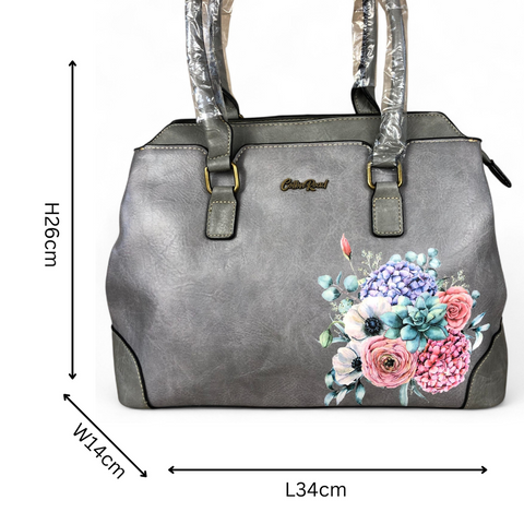 GREY FLORAL PU Leather Cotton Road Handbag
