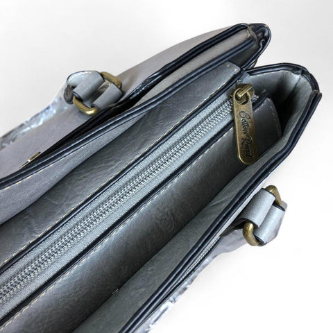 GREY FLORAL PU Leather Cotton Road Handbag