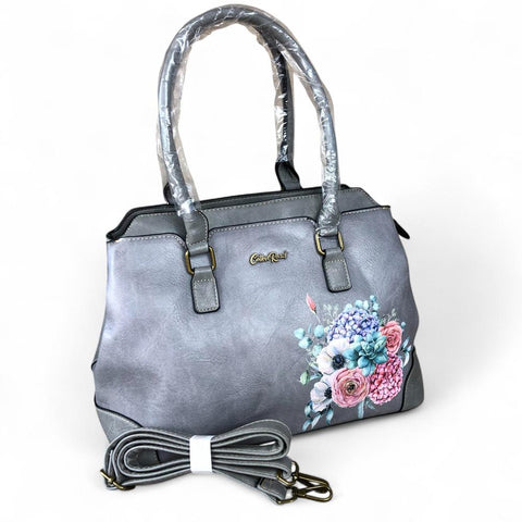 GREY FLORAL PU Leather Cotton Road Handbag