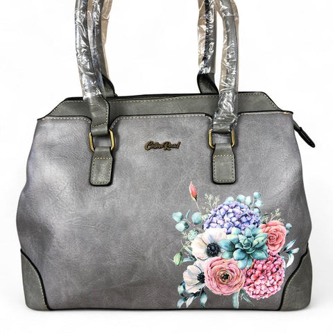 GREY FLORAL PU Leather Cotton Road Handbag
