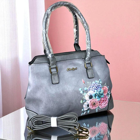 GREY FLORAL PU Leather Cotton Road Handbag