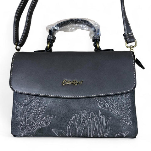 GREY PU Leather Cotton Road Handbag with EMBROIDERED PROTEAS