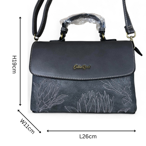 GREY PU Leather Cotton Road Handbag with EMBROIDERED PROTEAS
