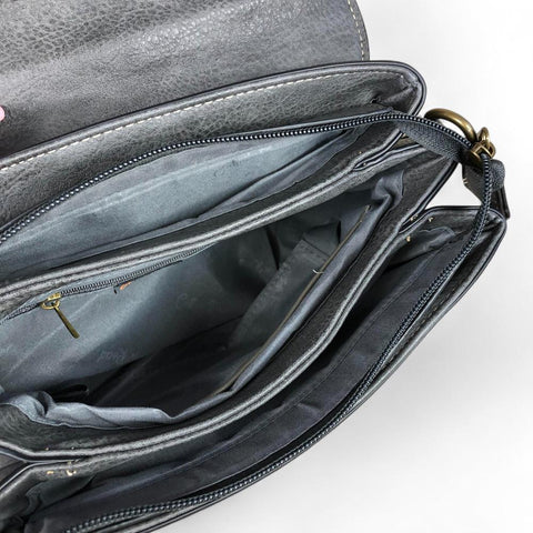 GREY PU Leather Cotton Road Handbag with EMBROIDERED PROTEAS