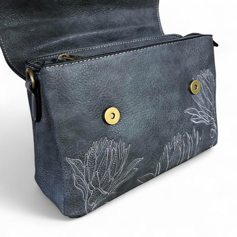 GREY PU Leather Cotton Road Handbag with EMBROIDERED PROTEAS