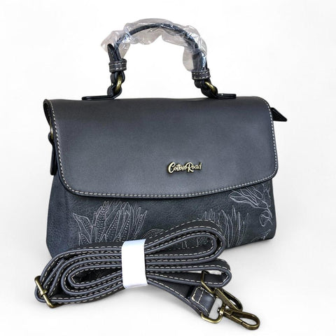 GREY PU Leather Cotton Road Handbag with EMBROIDERED PROTEAS